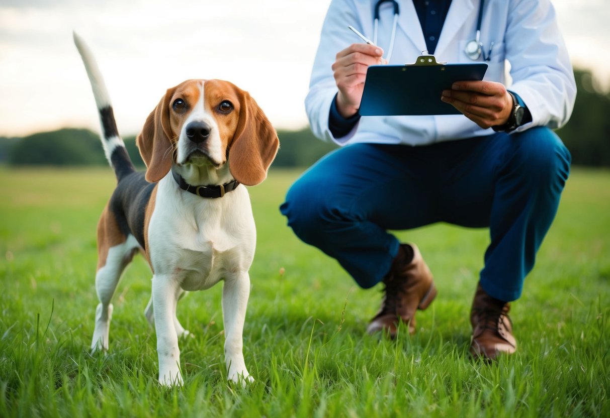 A beagle stands in a grassy field, wagging its tail and looking alert. A veterinarian holds a clipboard, checking the dog's health