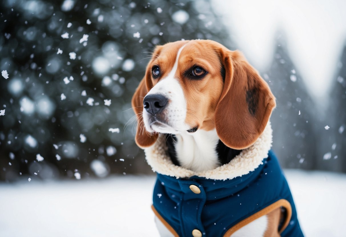 A beagle wearing a cozy winter coat, surrounded by snowflakes and shivering in the cold