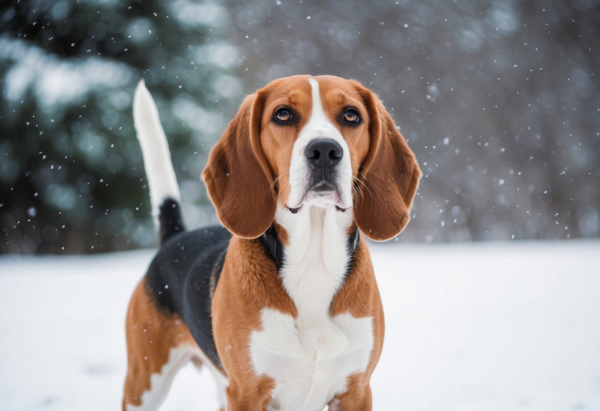 A beagle with a thick, dense coat stands outside in a snowy, winter landscape, with snowflakes falling gently around it