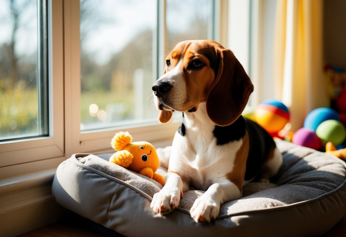 A beagle sits contentedly by a sunny window, surrounded by toys and a cozy bed