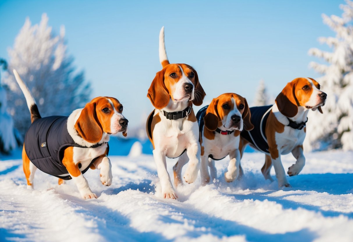 A group of beagles playing in the snow, some wearing coats while others do not, surrounded by a winter landscape with snow-covered trees and a clear blue sky