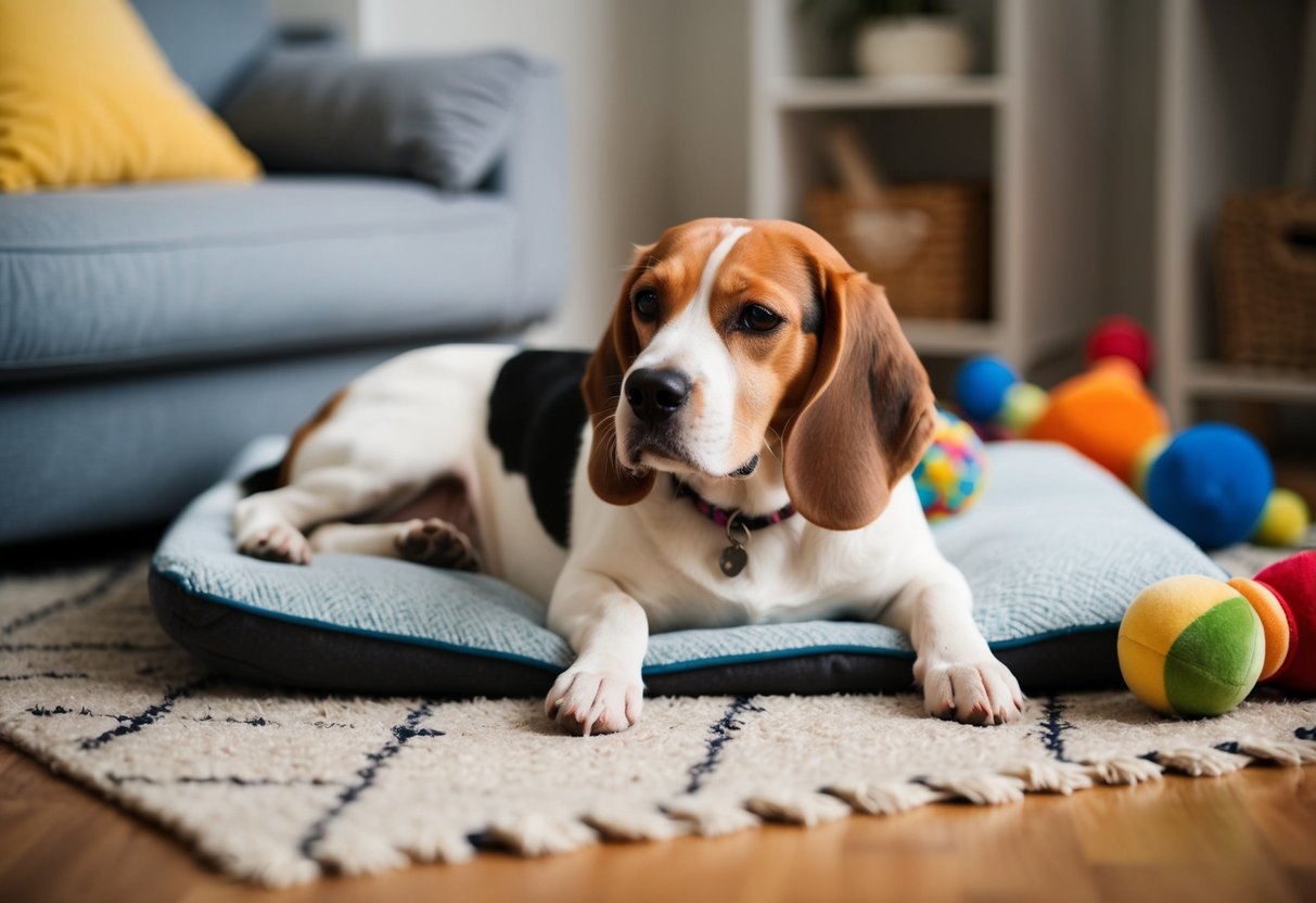 A beagle lounging contentedly on a cozy rug, surrounded by toys and a comfortable bed, with a peaceful expression on its face
