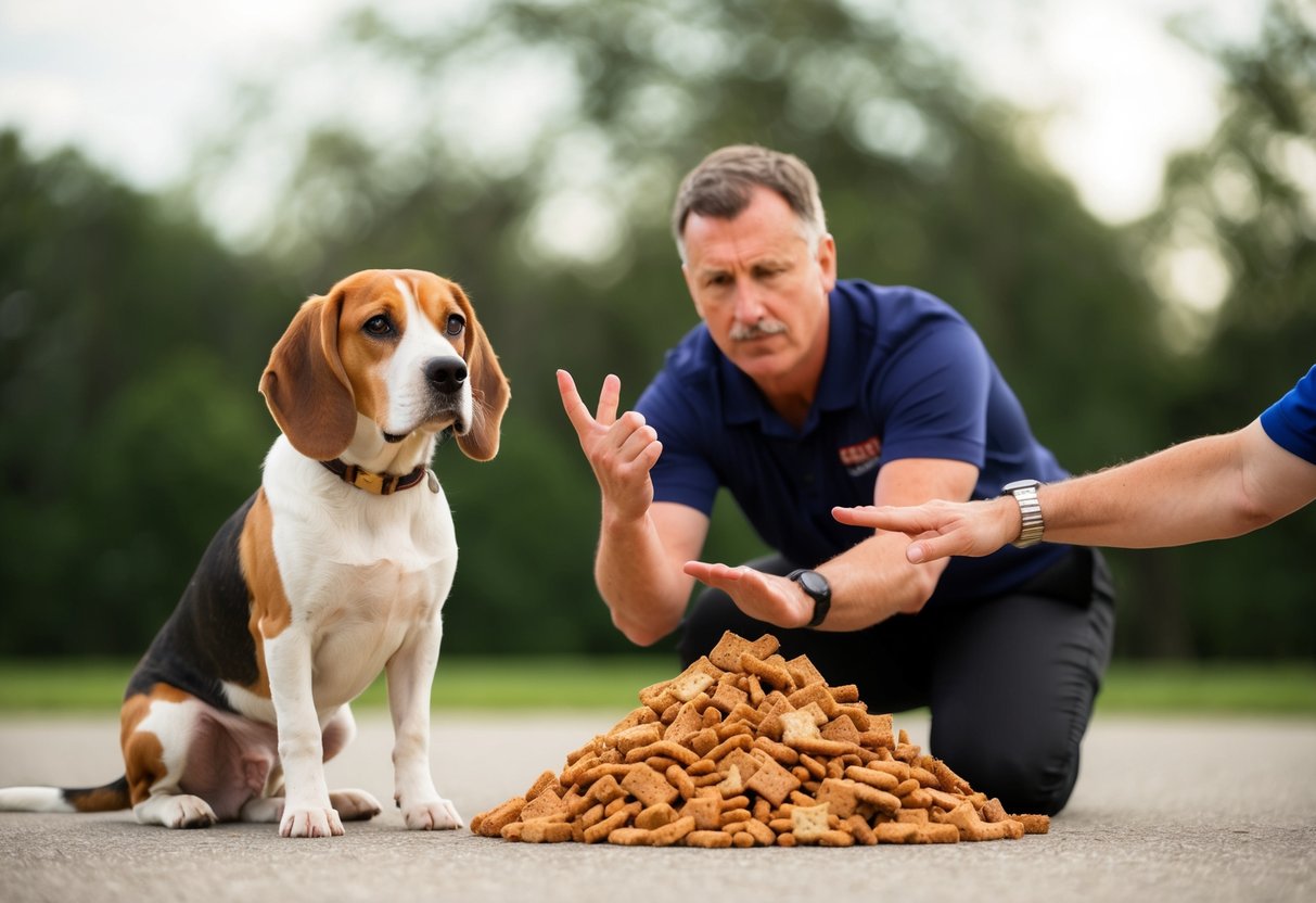 A beagle sits obediently next to a pile of treats, while a trainer gestures with a hand signal