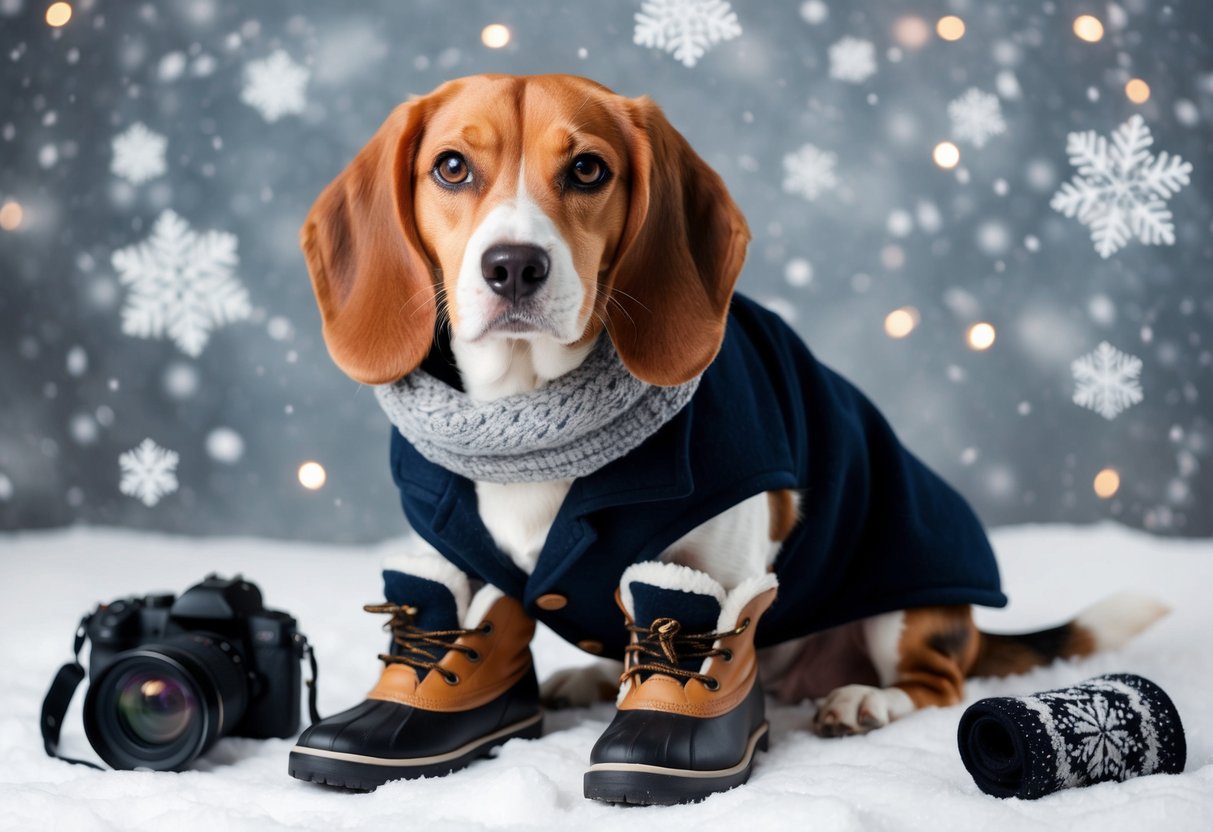 A beagle wearing a cozy coat, boots, and a scarf, surrounded by snowflakes and winter accessories