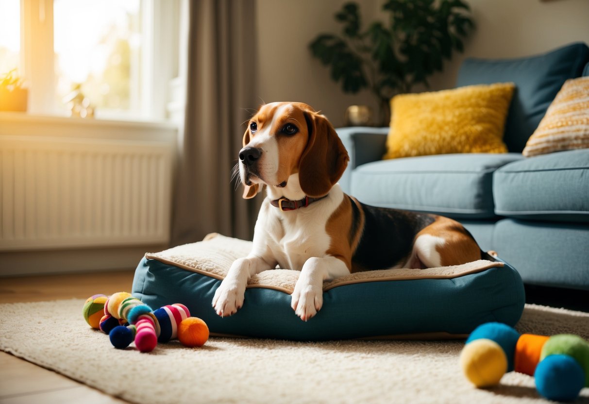 A beagle lounges contentedly in a cozy living room, surrounded by toys and a comfortable bed. The sunlight streams in through the window, creating a warm and inviting atmosphere