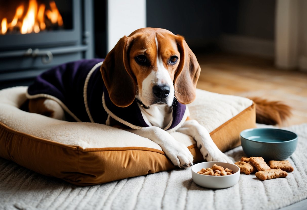 A beagle wearing a cozy winter coat, snuggled up in a soft bed by a warm fireplace, with a bowl of water and healthy treats nearby