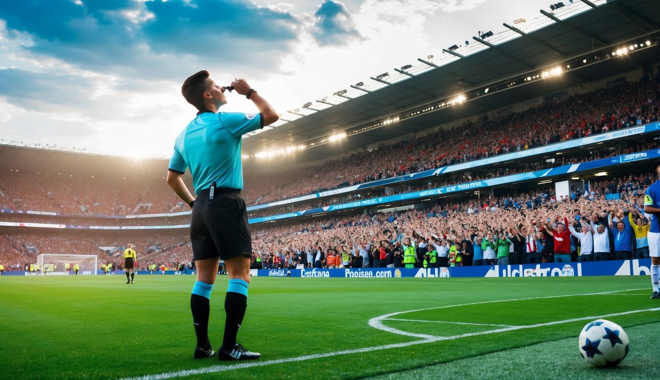 Sebuah stadion yang penuh sesak dengan penggemar yang bersorak, lapangan sepak bola, dan seorang wasit yang membunyikan peluit