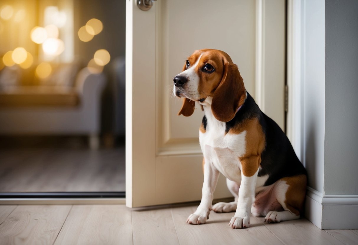 A beagle sits by a closed door, whimpering with a tilted head and sad eyes, while its owner is out of sight