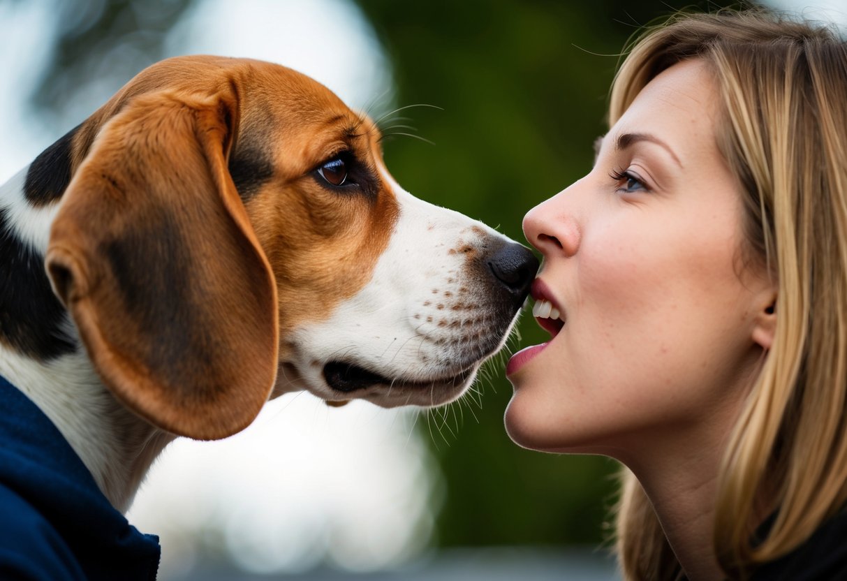 A beagle sniffs a person's open mouth, curious about the scent
