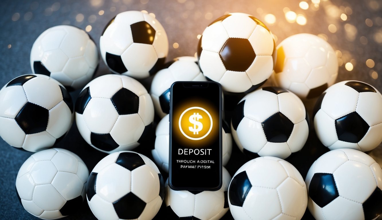 Sekelompok bola sepak yang disusun di sekitar ponsel dengan layar yang menyala, menunjukkan setoran yang dilakukan melalui sistem pembayaran digital