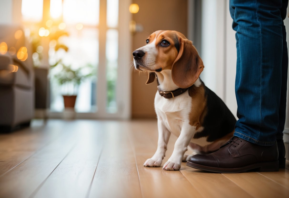 A beagle sits at the feet of its owner, looking up with pleading eyes and letting out a soft, whining sound
