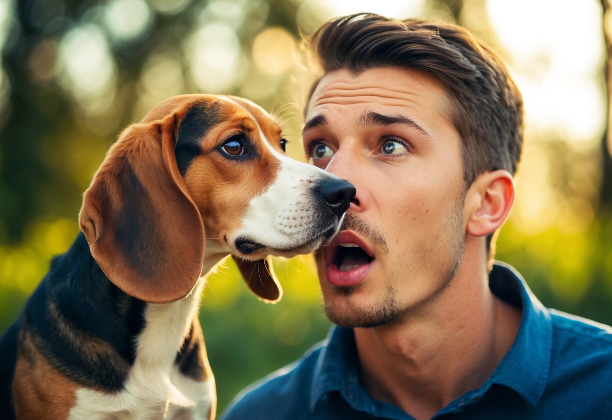 A beagle sniffs a person's open mouth, while the person looks puzzled