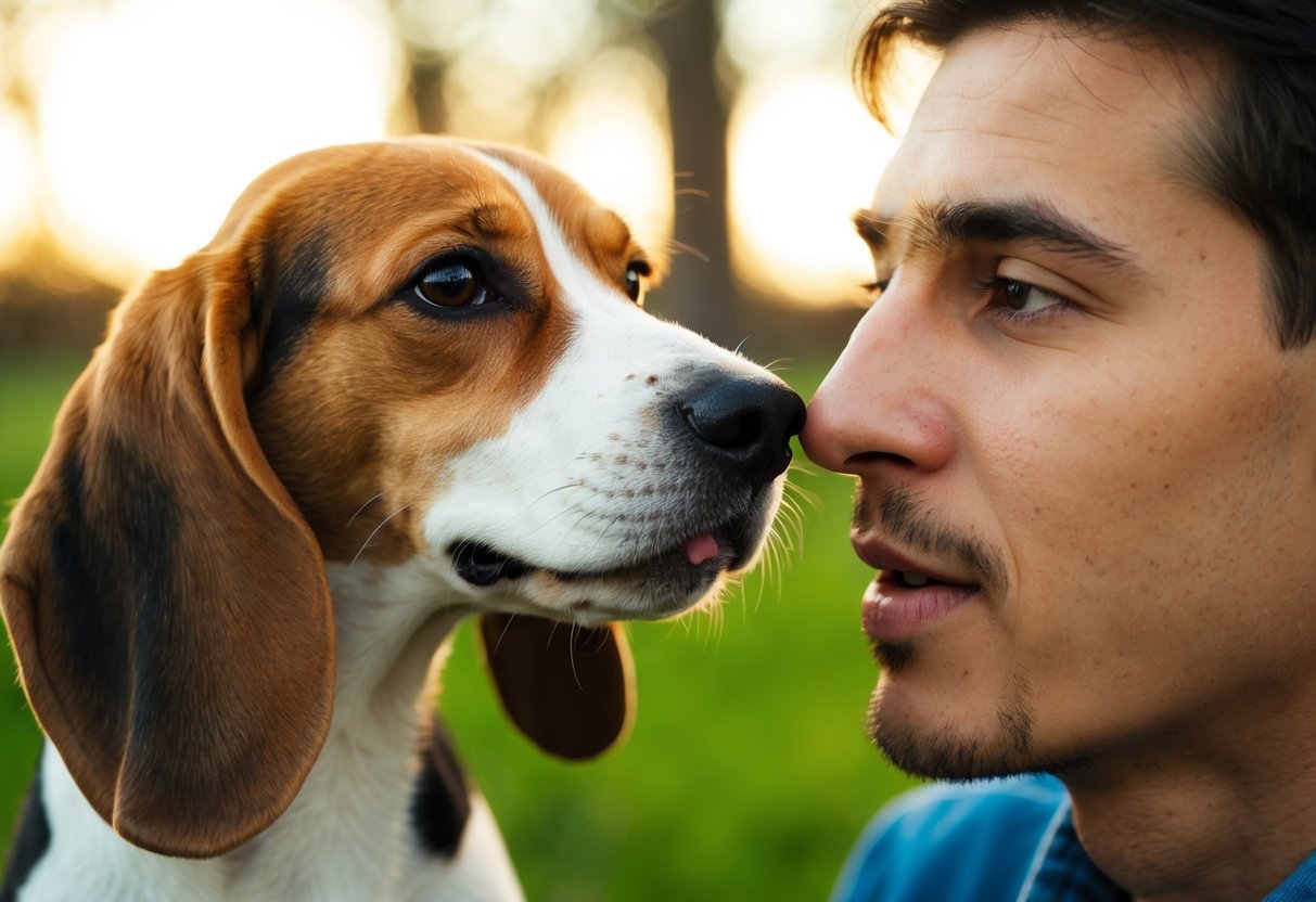 A beagle sniffs a person's mouth with curiosity