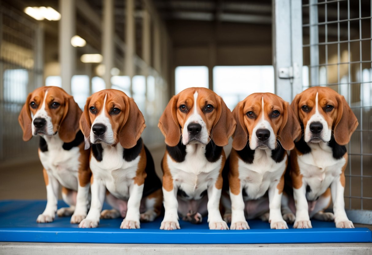A group of beagles looking sad as they sit in a shelter, overlooked by potential adopters