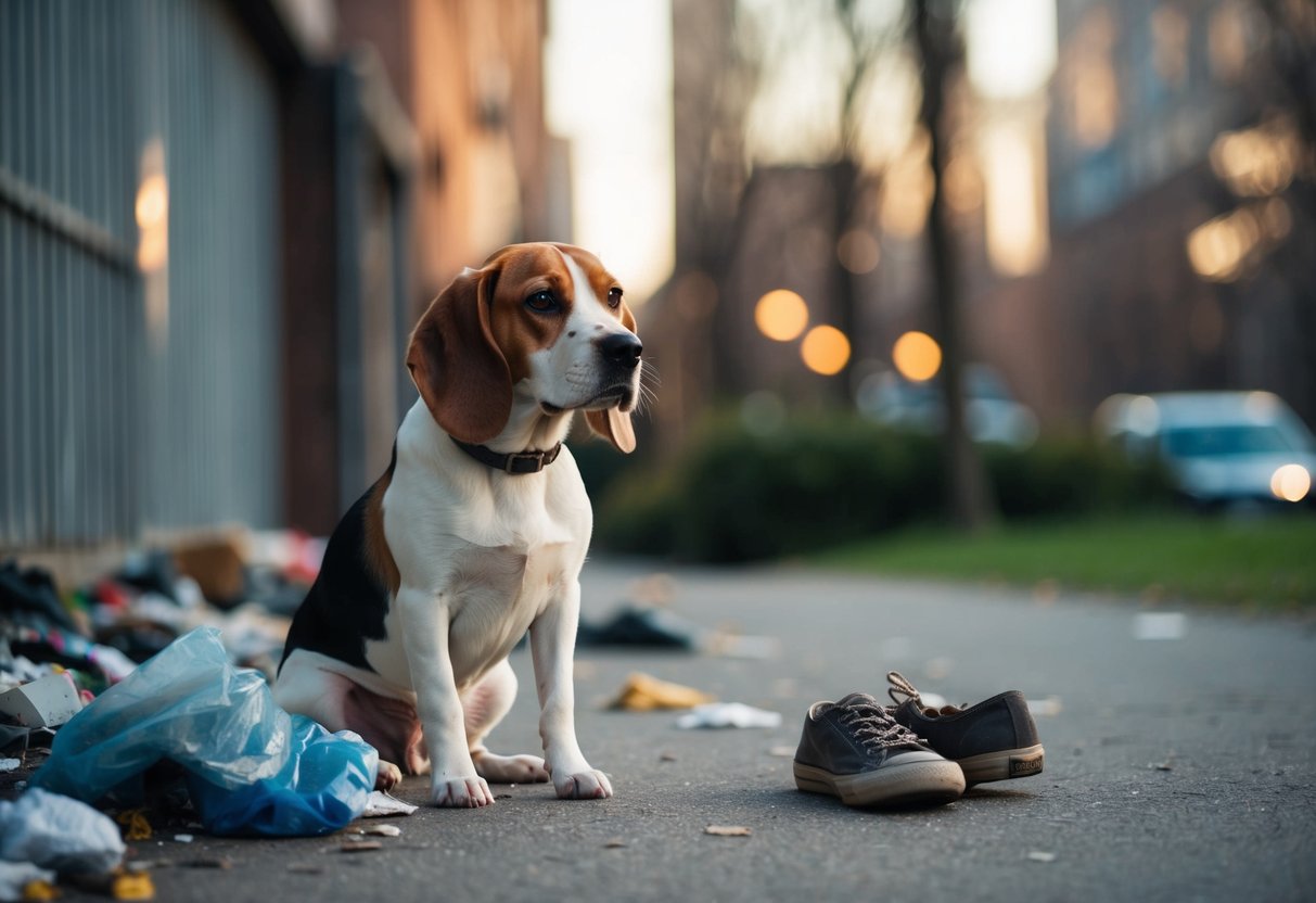 A beagle sits alone, head tilted, ears perked. Nearby, scattered trash and torn shoes