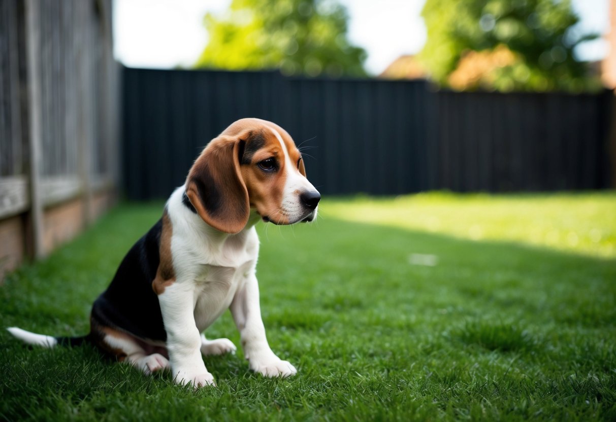 A beagle puppy sits alone in a backyard, looking forlorn as it gazes out through the fence