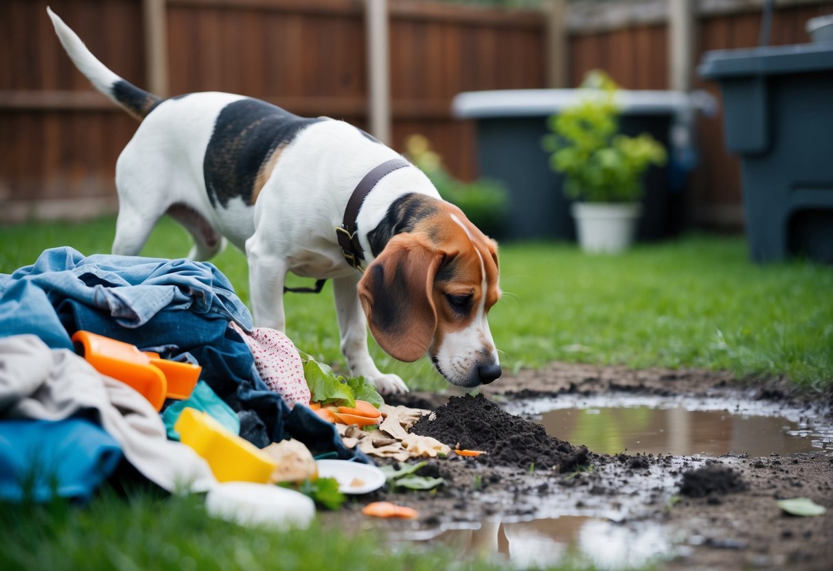 A beagle sniffs around a pile of dirty laundry, food scraps, and a muddy puddle in a messy backyard