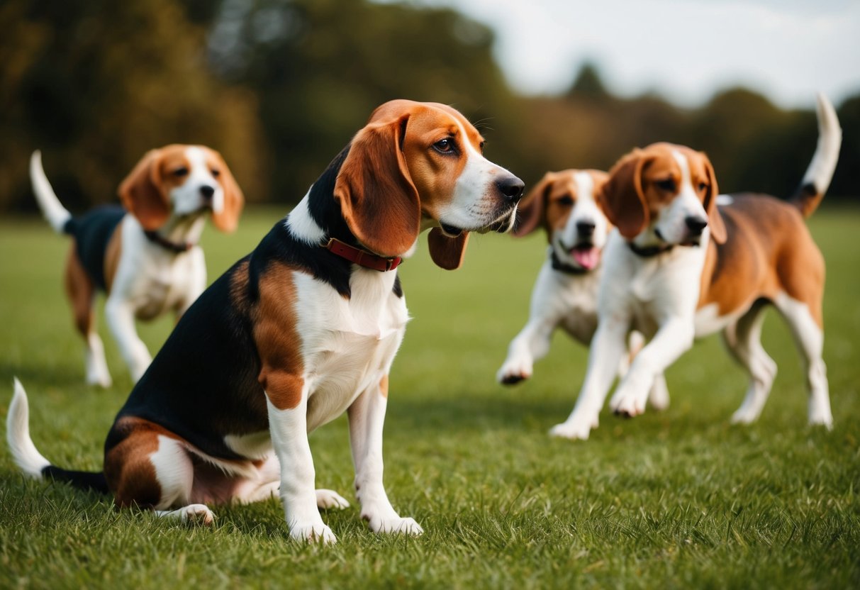 A beagle sitting alone, looking sad while other dogs play together