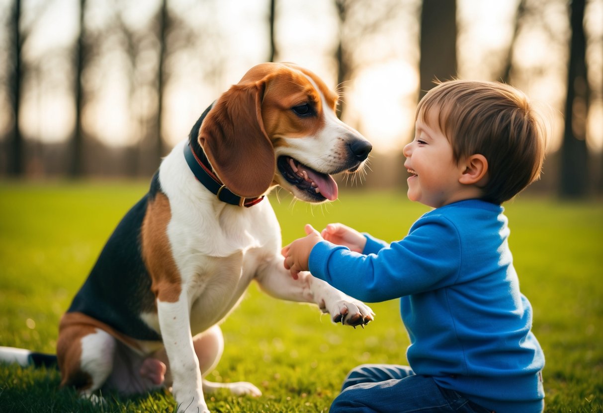 A Beagle happily playing with a child, wagging its tail and showing affection