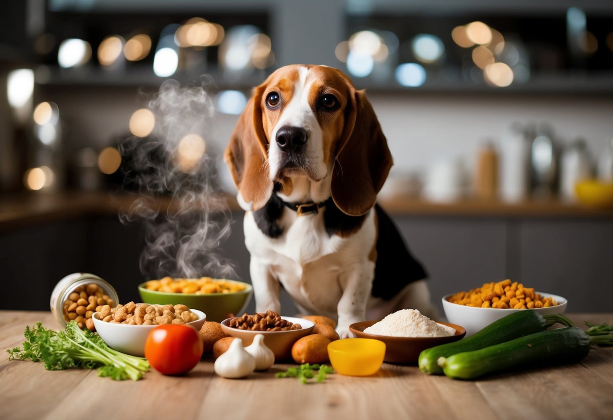 A beagle surrounded by various food items, emitting a strong odor