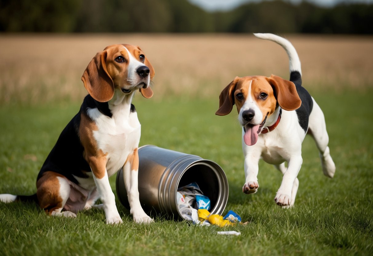 A beagle sits obediently by a spilled trash can, guilty eyes looking up. Another beagle bounds happily through a field, tongue lolling