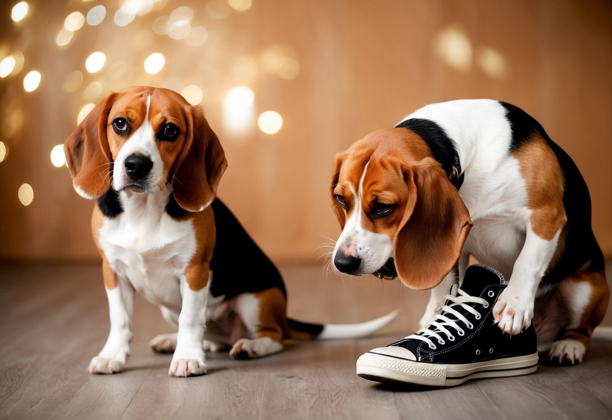 Two beagles, one sitting obediently with a wagging tail, the other chewing on a shoe with a guilty look on its face