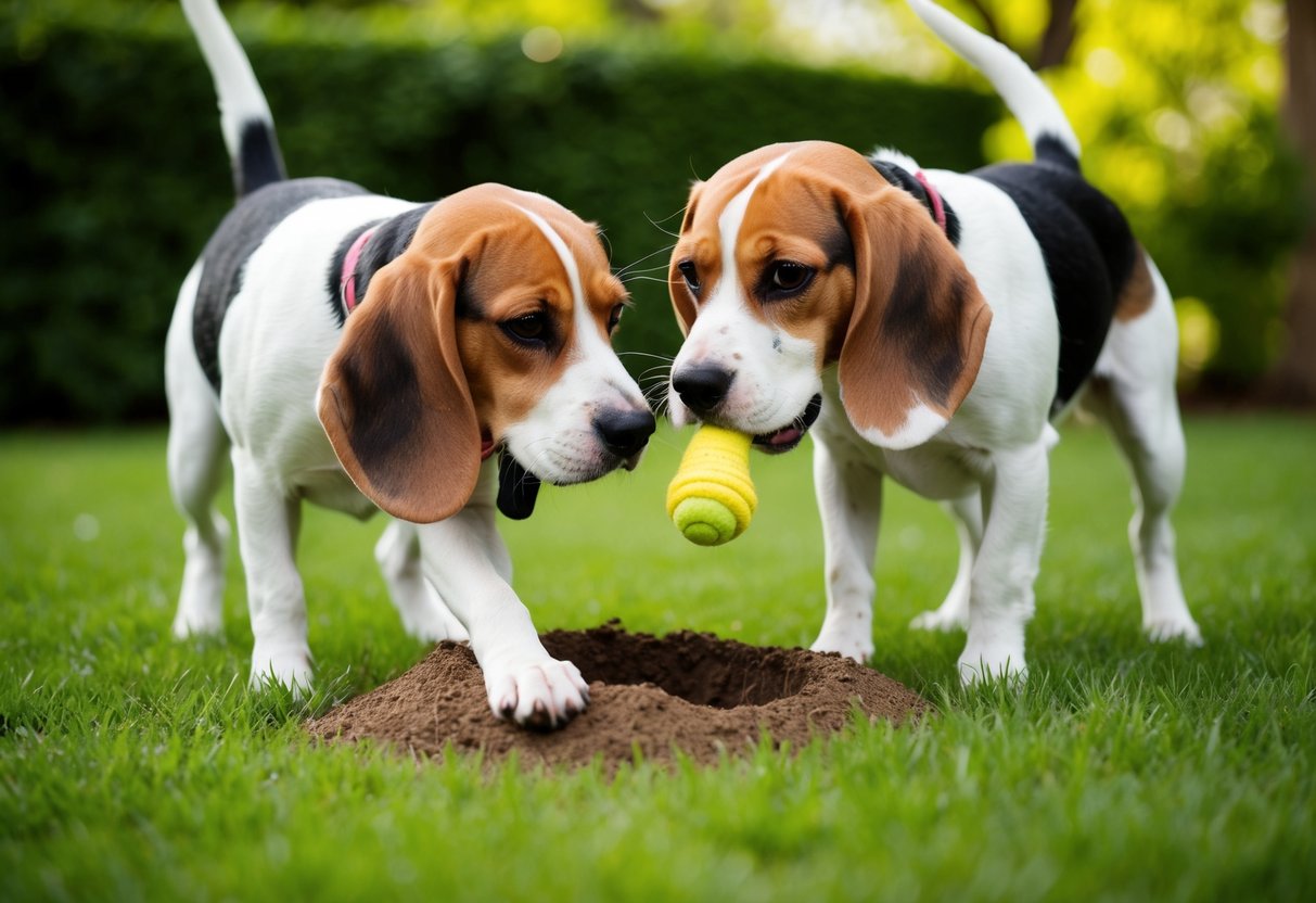 Two beagles playing in a lush green backyard, one digging a hole while the other chews on a toy