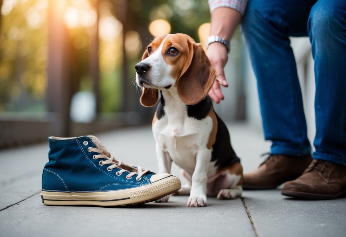 A Beagle obediently sits next to a chewed-up shoe, while wagging its tail and looking up at its owner with big, innocent eyes