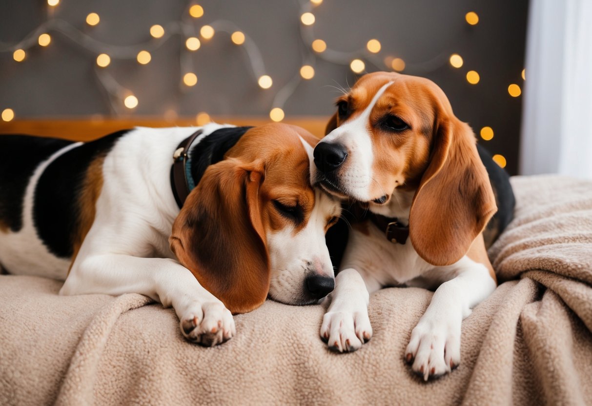 A beagle lounges on a cozy blanket, nuzzling into the side of another beagle, their bodies curled together in a warm embrace