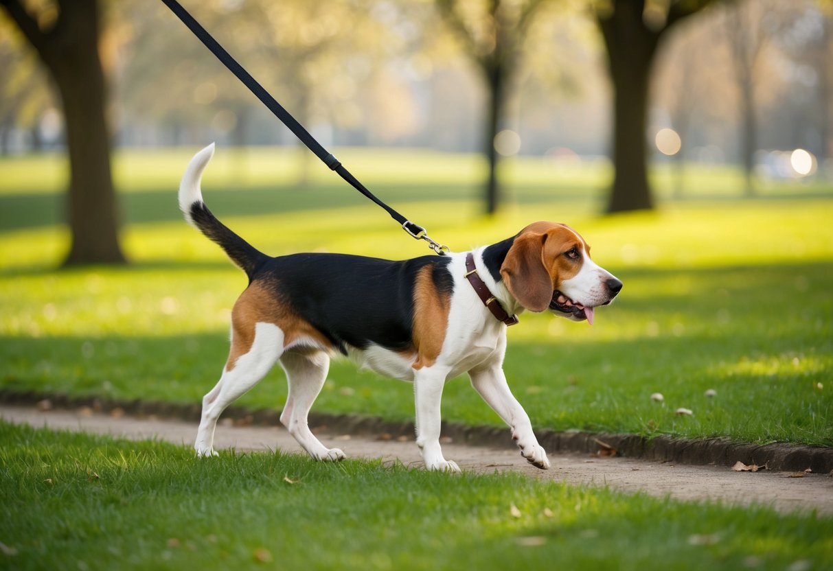 A beagle is being walked on a leash in a park with trees and grass. The dog's tail is wagging happily as it sniffs the ground