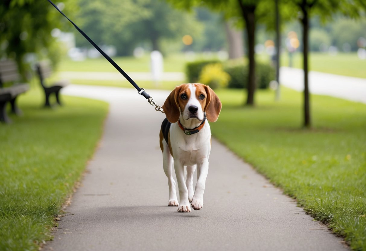 A beagle walking on a leash in a peaceful park setting with lush greenery and a clear pathway