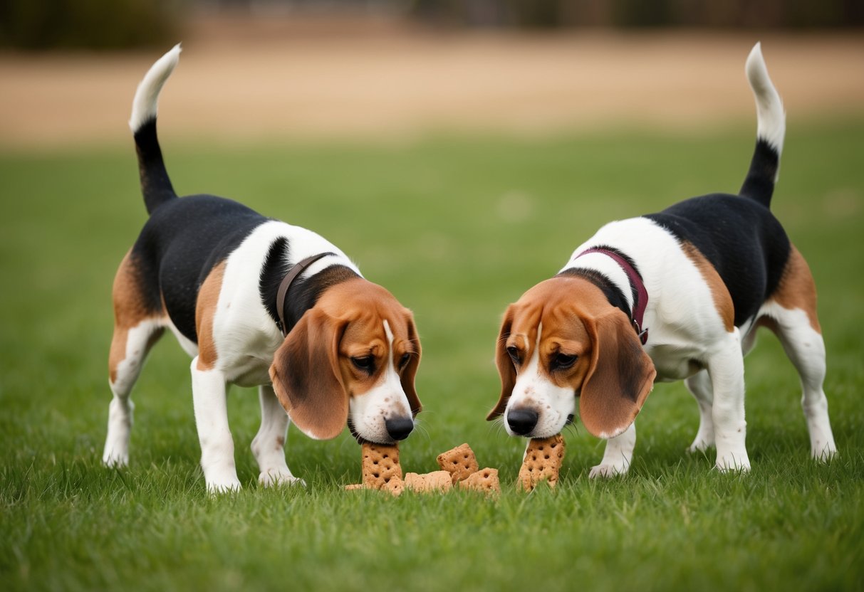 Beagles sniffing for hidden treats in a grassy field, noses to the ground, tails wagging eagerly