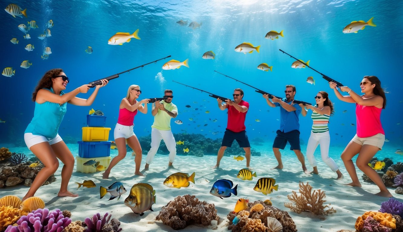 Sekelompok orang menikmati permainan menembak ikan yang meriah di dunia bawah laut yang penuh warna, dipenuhi dengan kehidupan laut yang beragam dan harta karun yang mengapung.