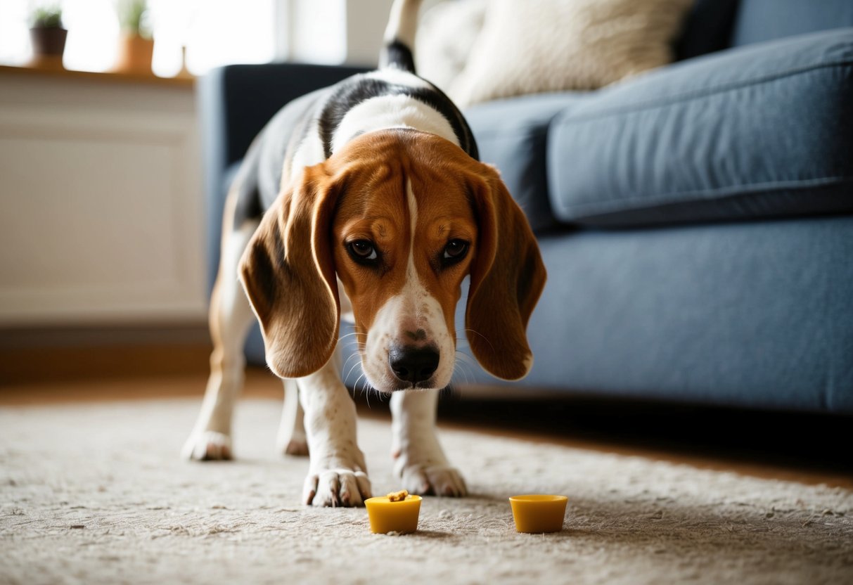 A beagle sniffs around the living room, nose to the ground, searching for hidden treats or interesting scents