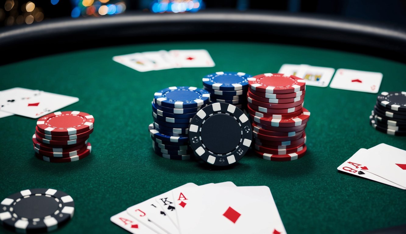 Sekelompok chip poker tersebar di atas meja felt hijau dengan kartu dan perangkat digital yang menampilkan permainan poker online