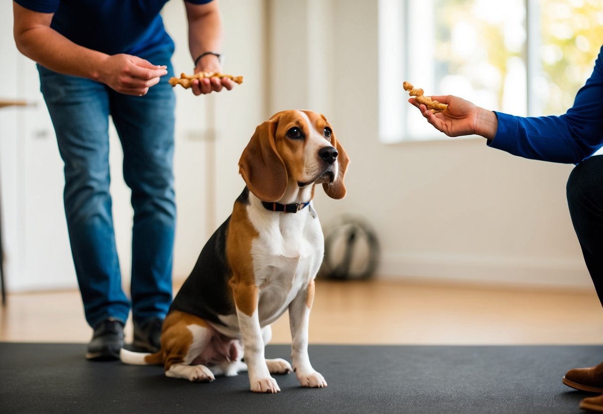 A beagle sitting attentively as its trainer demonstrates commands with hand gestures and treats
