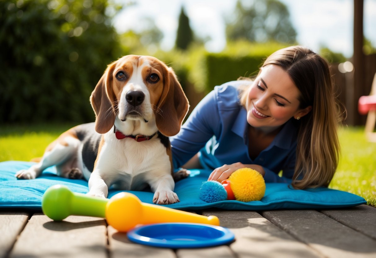 A beagle lounges in a sunny backyard, surrounded by toys and a water bowl. Its owner smiles while petting the dog's soft fur