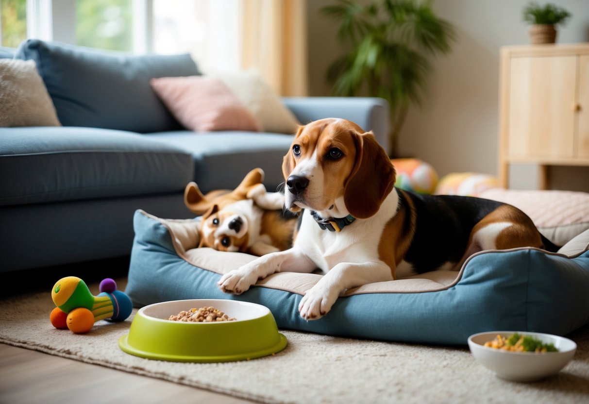 A beagle lounges comfortably in a cozy living room, surrounded by toys and a soft bed. A bowl of fresh water and a healthy meal sit nearby