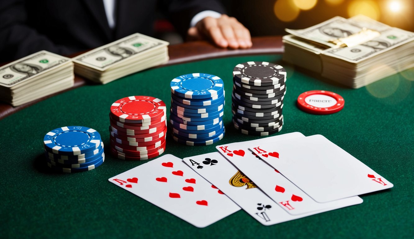 Sekelompok chip poker dan kartu bermain yang disusun di atas meja felt hijau, dengan tombol dealer dan tumpukan uang di latar belakang