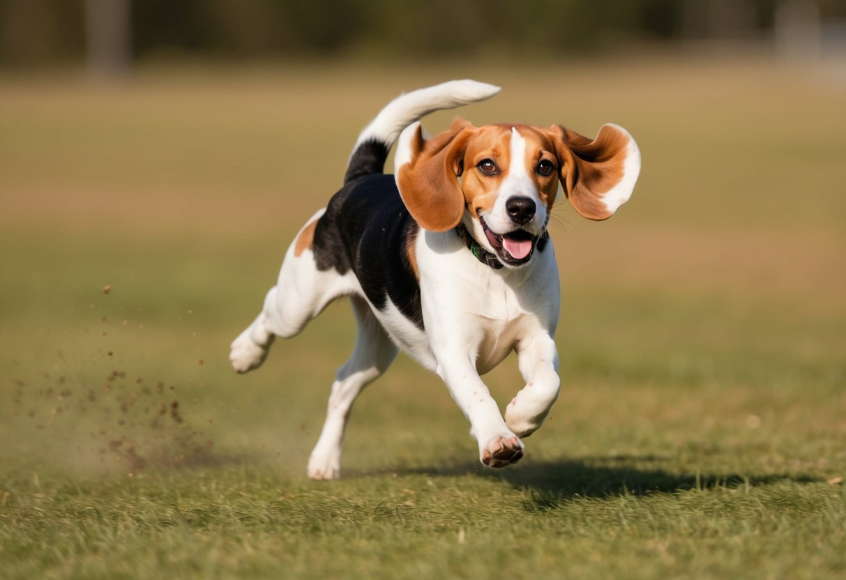 A beagle running eagerly after a fast-moving object, ears flapping in the wind, tail wagging with excitement