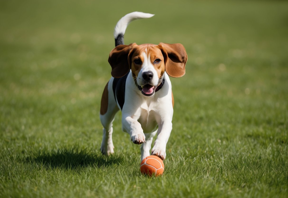 A beagle running through a grassy field, ears flapping, chasing after a ball or toy