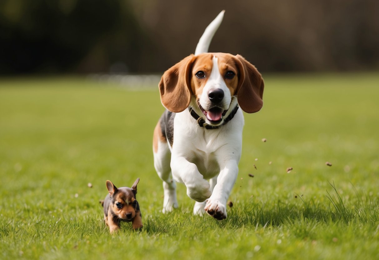 A beagle eagerly chases after a small animal in a grassy field