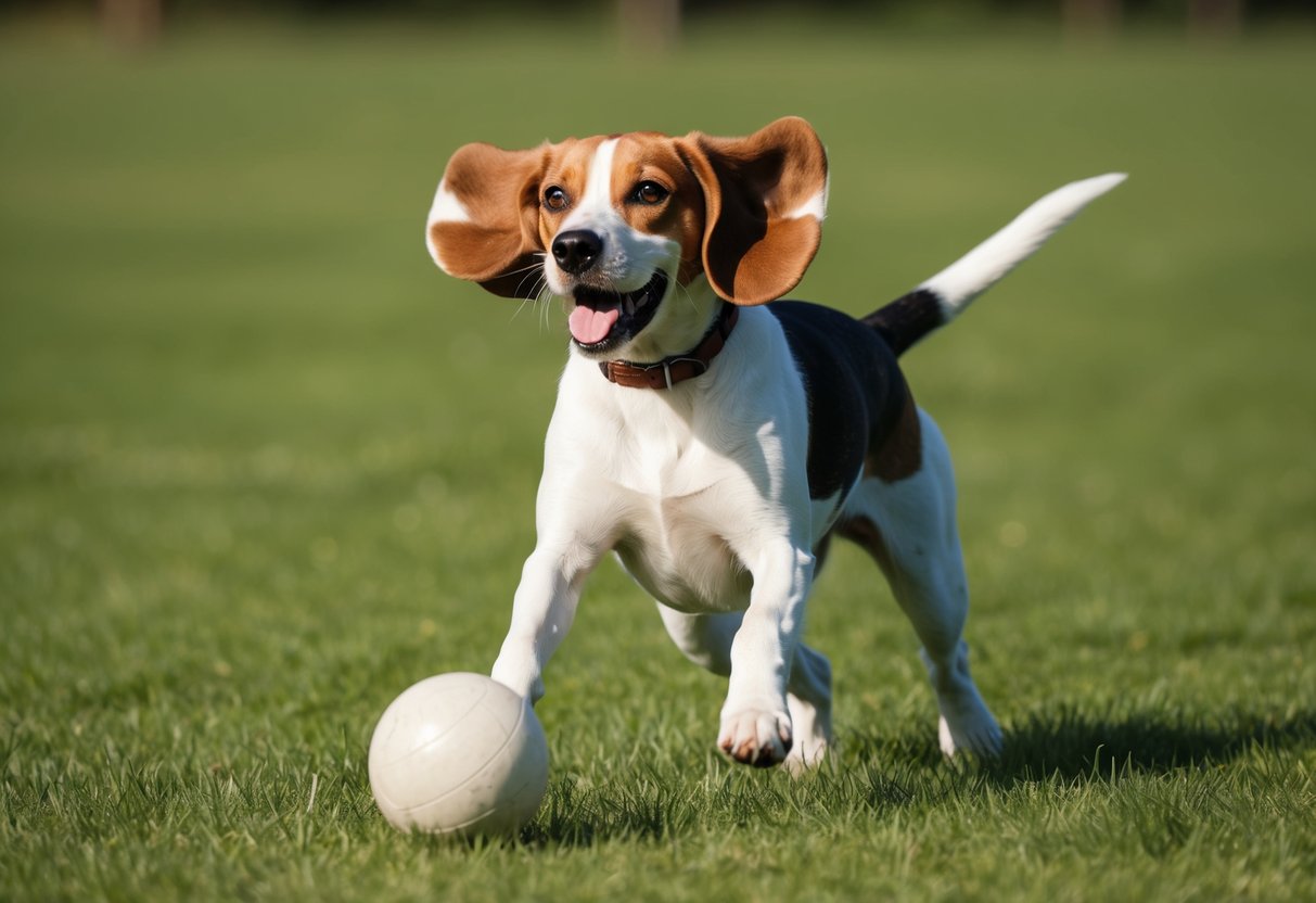 A beagle joyfully chases after a ball in a grassy field, ears flapping in the wind