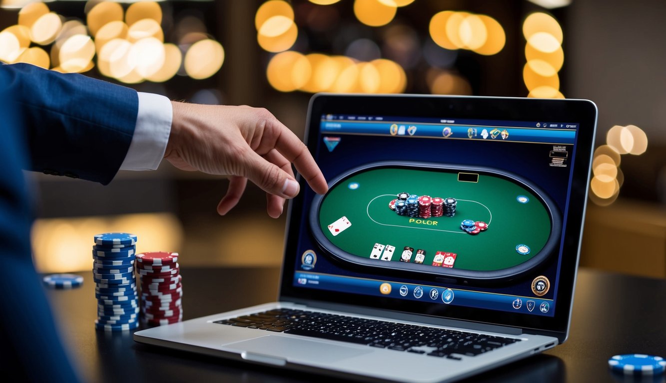 Sebuah layar digital dengan meja poker virtual, chip, dan kartu. Sebuah tangan menjangkau chip.