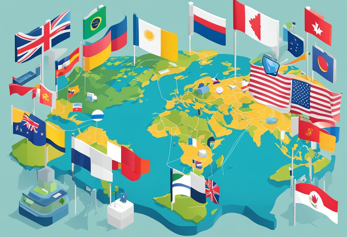 A world map with various flags and globe surrounded by digital devices for international SEO strategy