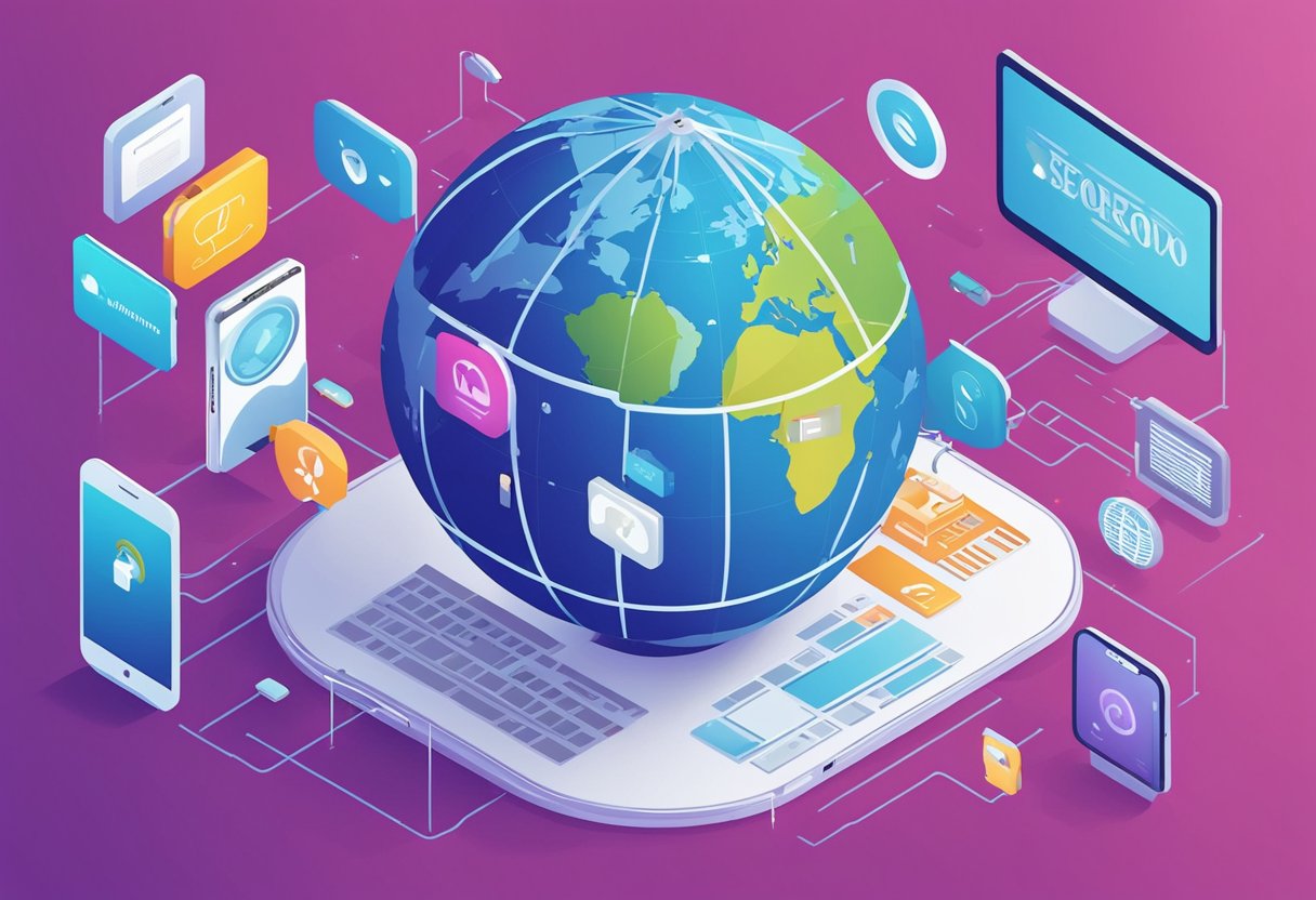 A globe surrounded by various digital devices, with keywords and search terms floating around it, representing the challenges and solutions in international SEO