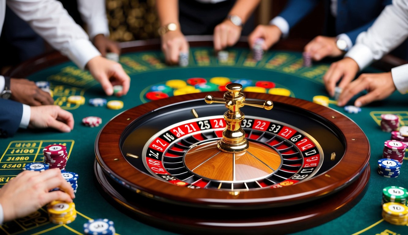 Sebuah roda roulette yang berputar dengan slot bernomor berwarna-warni, dikelilingi oleh pemain online yang antusias memasang taruhan mereka