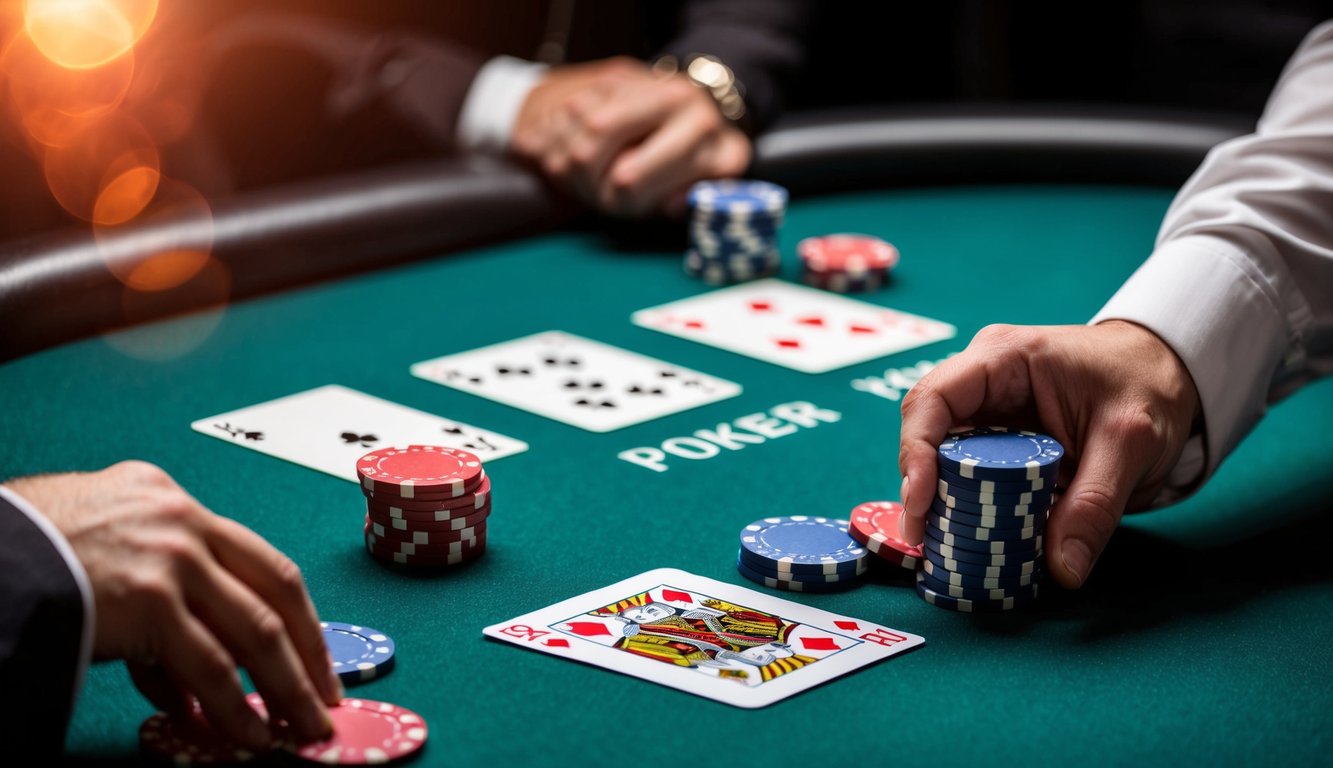 Sebuah meja poker dengan chip, kartu, dan tangan yang menang