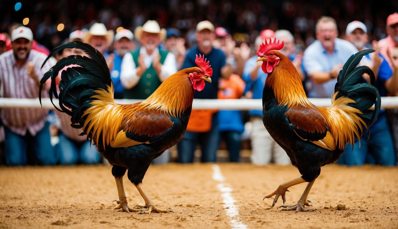 Dua ayam jantan berhadapan di arena yang ramai, dikelilingi oleh penonton antusias yang bersorak dan memasang taruhan pada hasilnya.