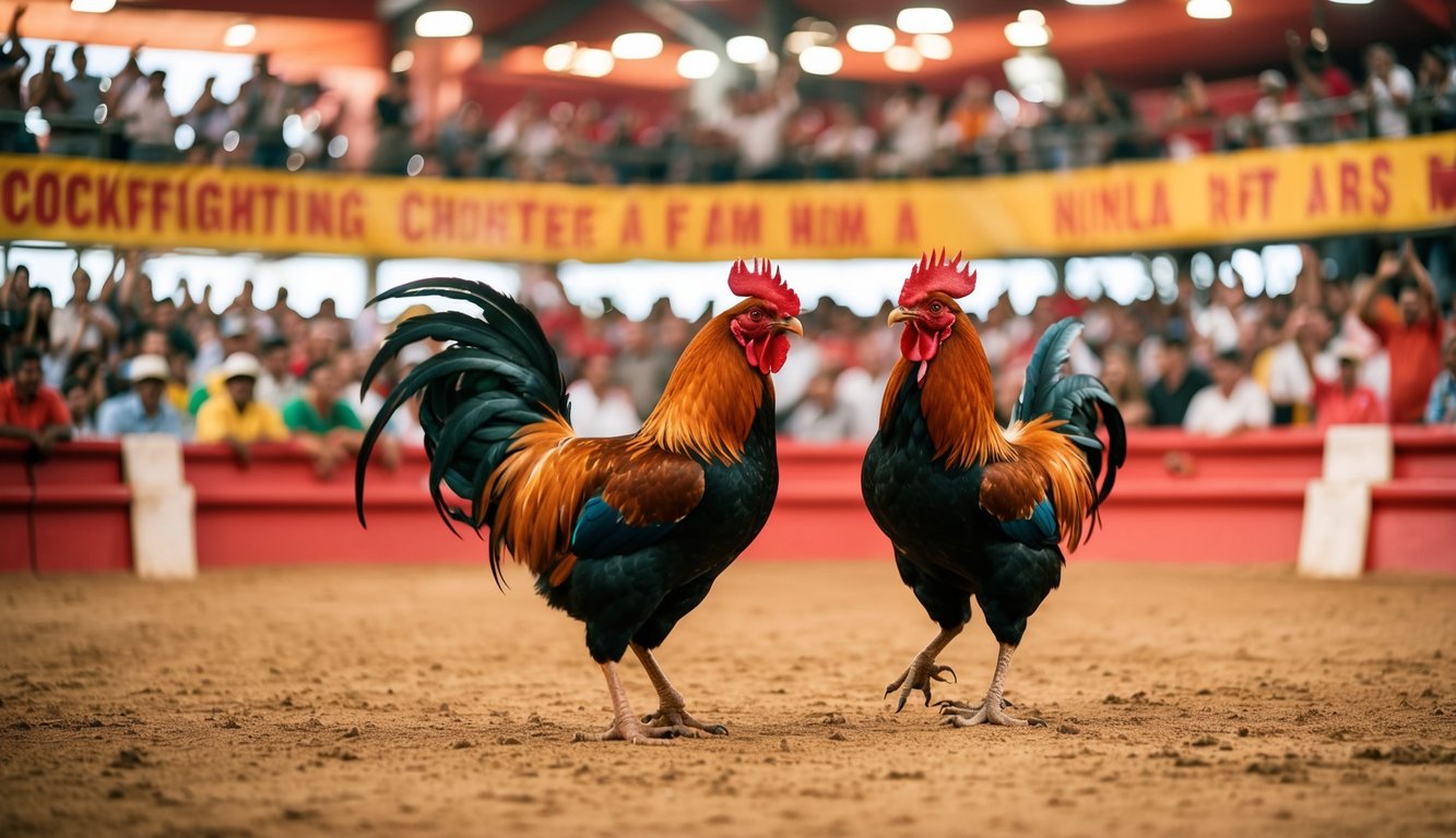 Sebuah arena sabung ayam yang ramai dengan penonton yang bersorak dan dua ayam jantan yang garang di tengah ring